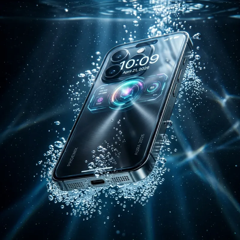 A futuristic 2026 smartphone submerged in clear water with micro bubbles surrounding the Type-C port and speaker grills, dramatic technical lighting, studio shot