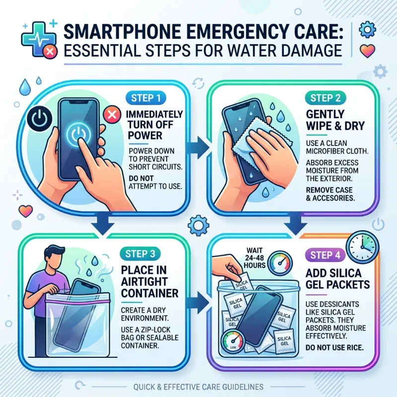 Step-by-step infographic layout showing smartphone emergency care: turning off power, wiping with microfiber, placing in airtight container with silica gel