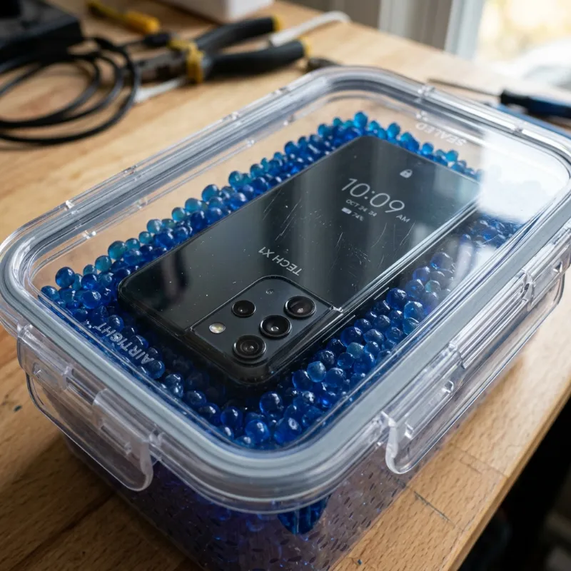 Close-up of a high-tech smartphone placed inside a sealed moisture-absorbing box with active blue silica gel beads around it