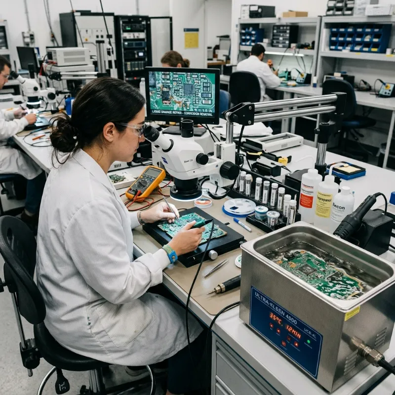 Professional technician in an electronics repair lab using an ultrasonic cleaning bath machine and microscopic equipment to repair a liquid damaged circuit board