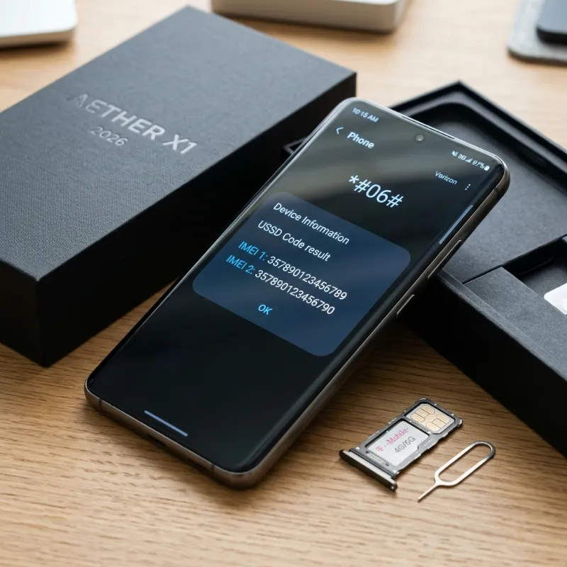 Màn hình điện thoại hiển thị mã IMEI 15 chữ số sau khi bấm cú pháp USSD, đặt cạnh hộp máy và khay SIM chính hãng năm 2026