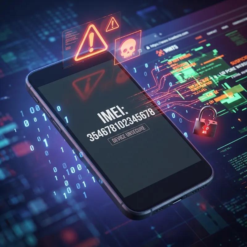 Đồ họa minh họa rủi ro bảo mật thông tin mã IMEI bị rò rỉ trên các trang web tra cứu lạ