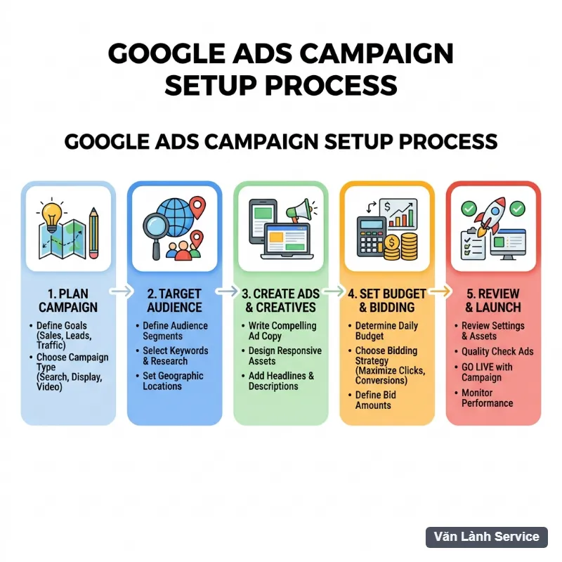 Sơ đồ luồng 5 bước quy trình thiết lập chiến dịch Google Ads theo chuẩn kỹ thuật mới, đồ họa vector phẳng tối giản