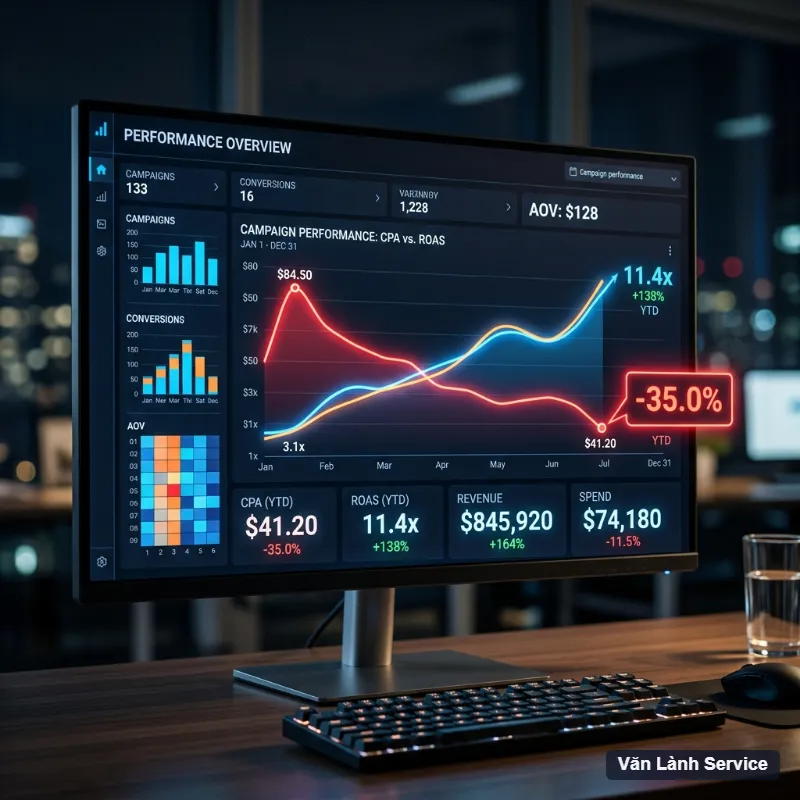 Đồ thị hiển thị đường cong chi phí CPA giảm dần 35% và doanh thu ROAS tăng trưởng mạnh mẽ, phân tích dữ liệu hiệu năng