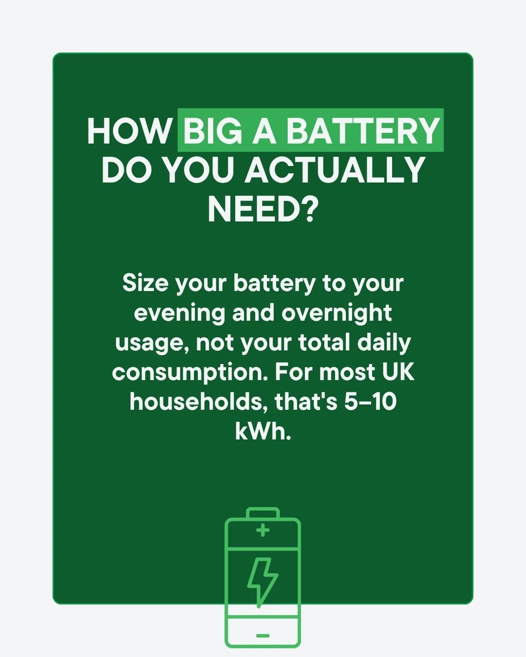 How big a battery do you actually need? Size your battery to your evening and overnight usage, not your total daily consumption. For most UK households, that's 5-10 kWh.