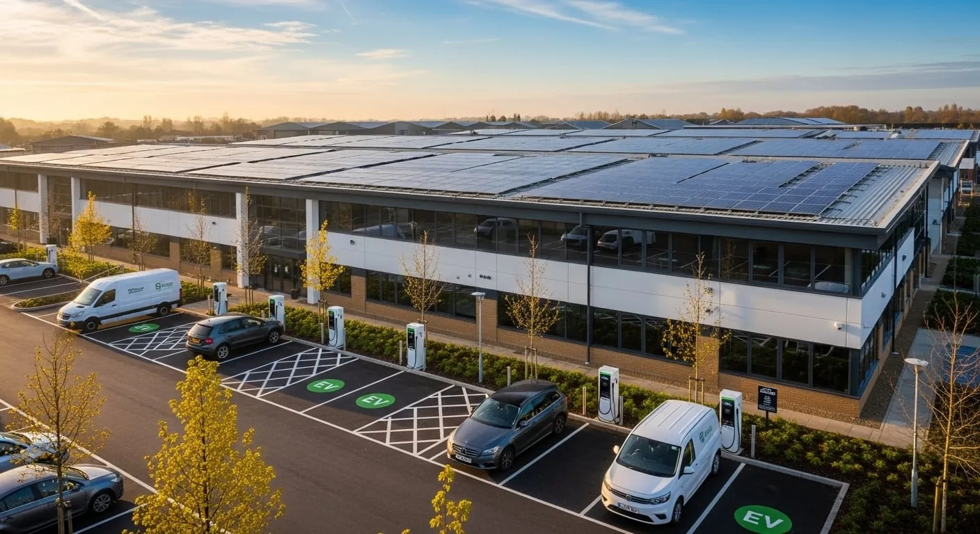 Modern commercial building with extensive rooftop solar array at sunrise