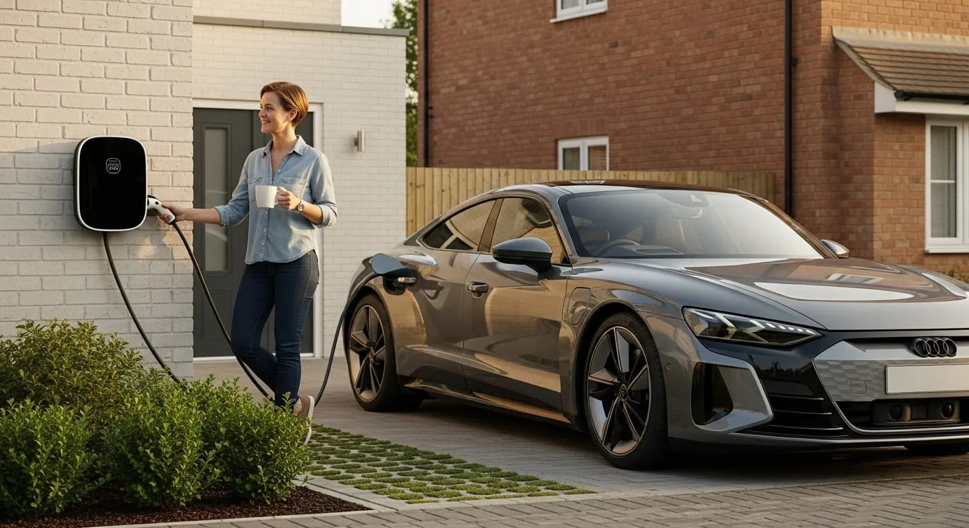 Modern home with EV charging at sunrise