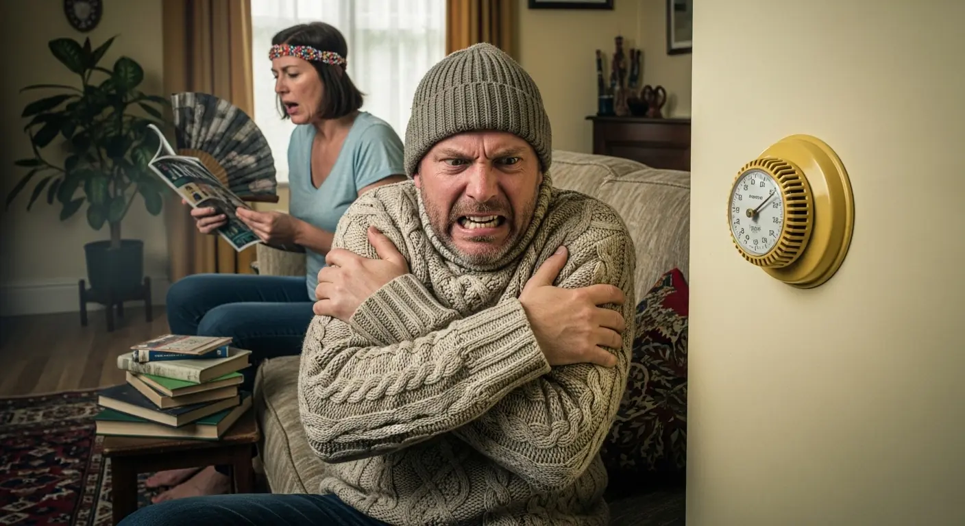 British couple arguing over thermostat - one hot, one cold