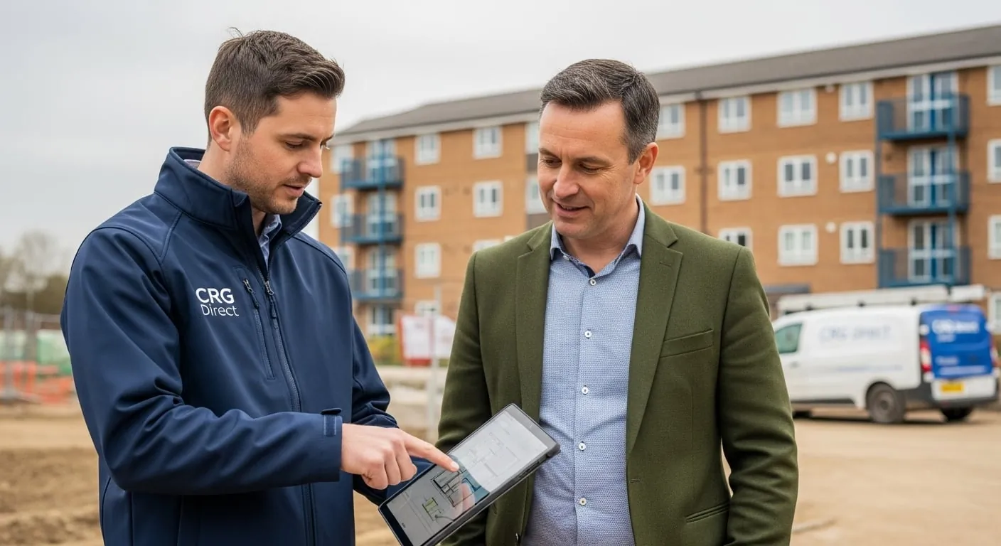 Professional partnership meeting at social housing retrofit site