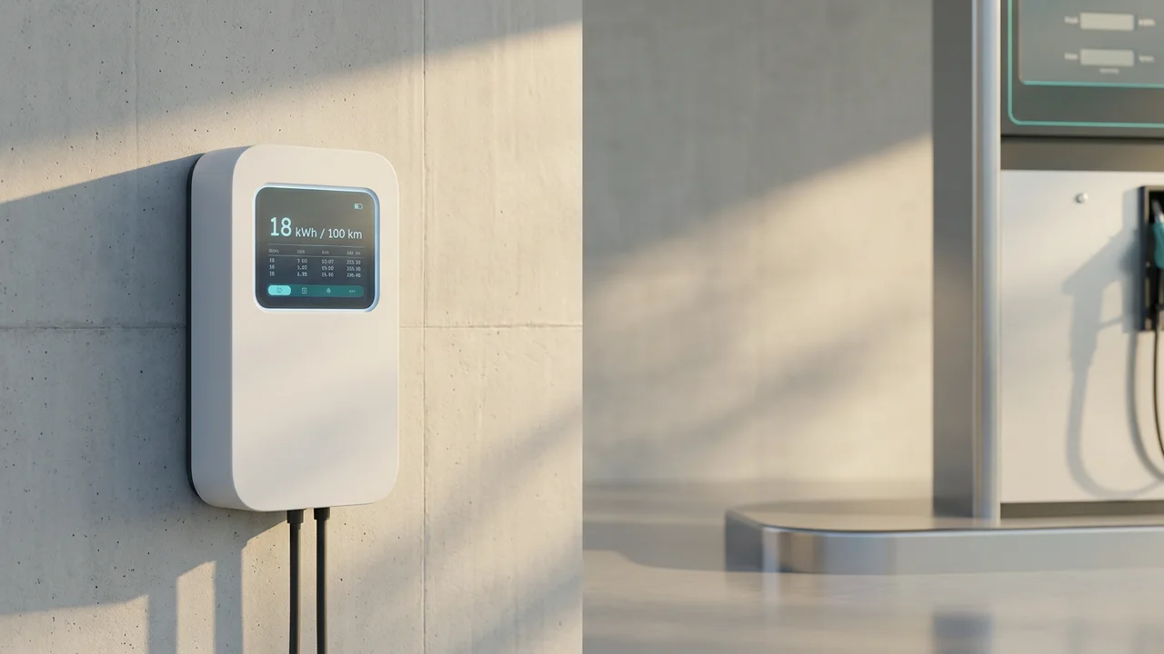 Punto de carga doméstico de vehículo eléctrico instalado en una pared de hormigón con luz natural matinal.