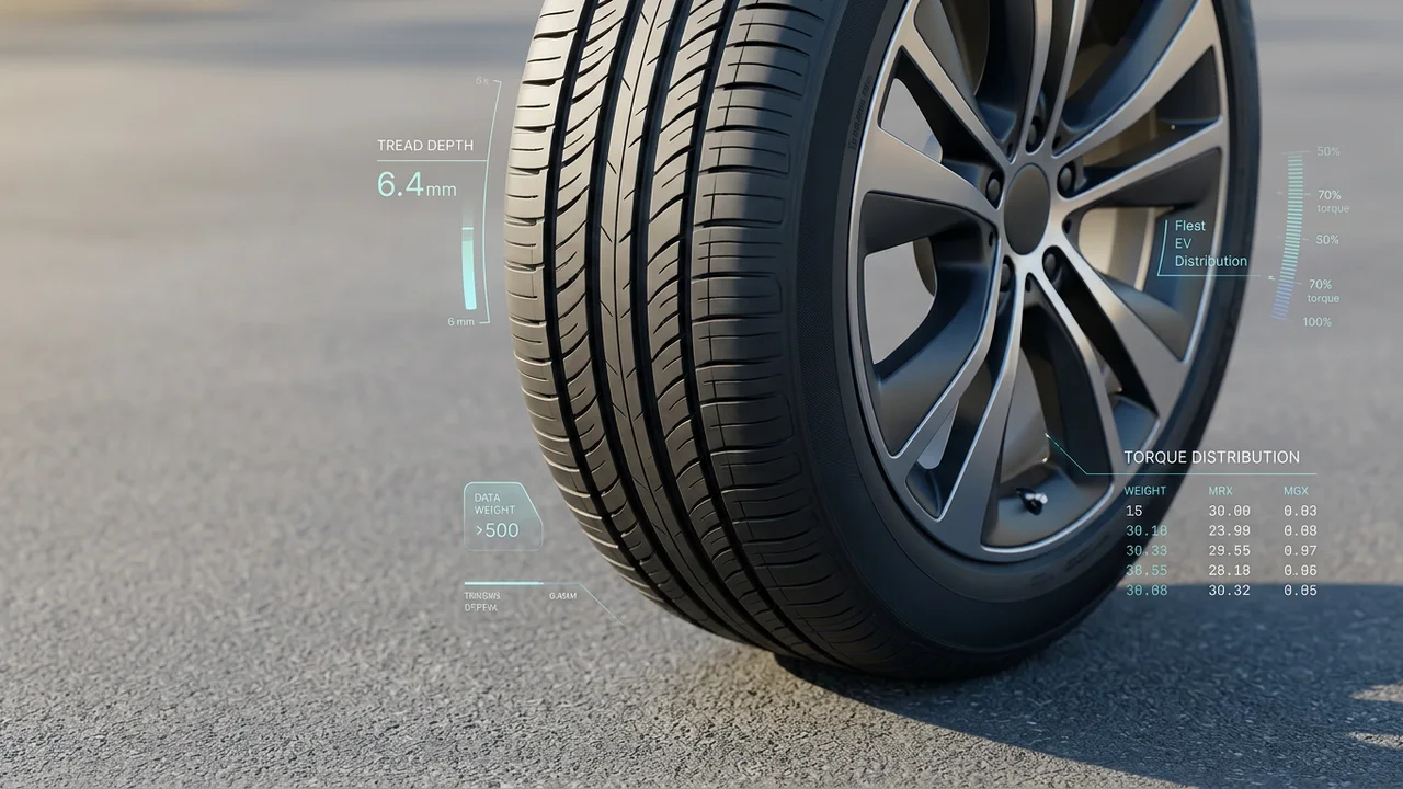 Detalle del neumático específico para coche eléctrico y su dibujo en asfalto con luz matinal.
