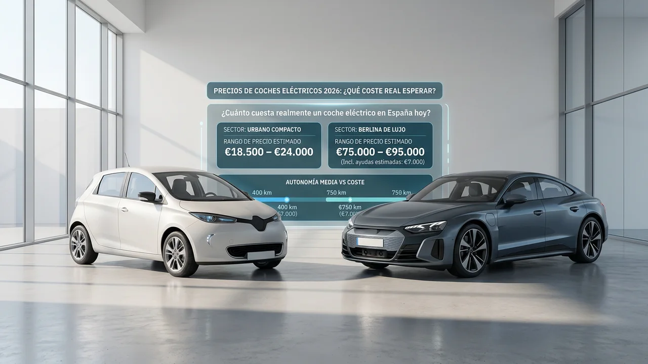 Comparativa visual entre un compacto eléctrico urbano y una berlina de gran autonomía en un espacio diáfano.