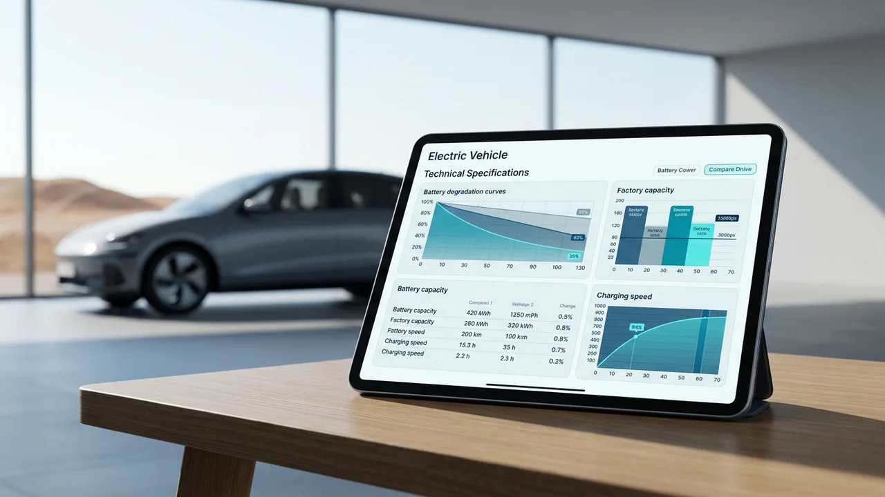 Tablet sobre mesa de madera mostrando comparativa técnica de baterías y curvas de recarga de coches eléctricos.