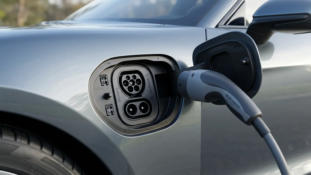 Toma detallada del puerto de carga de un coche eléctrico mostrando la toma Mennekes Tipo 2.