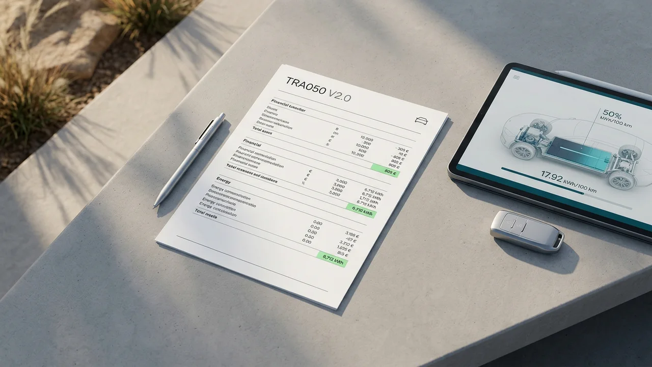 Documento técnico de cálculo CAE ficha TRA050 sobre mesa de trabajo junto a tableta digital.