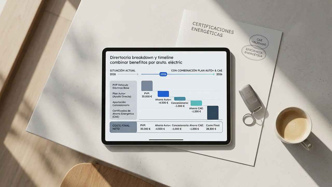 Tablet sobre mesa de oficina con gráfico de ahorro acumulado y liquidación de incentivos CAE.