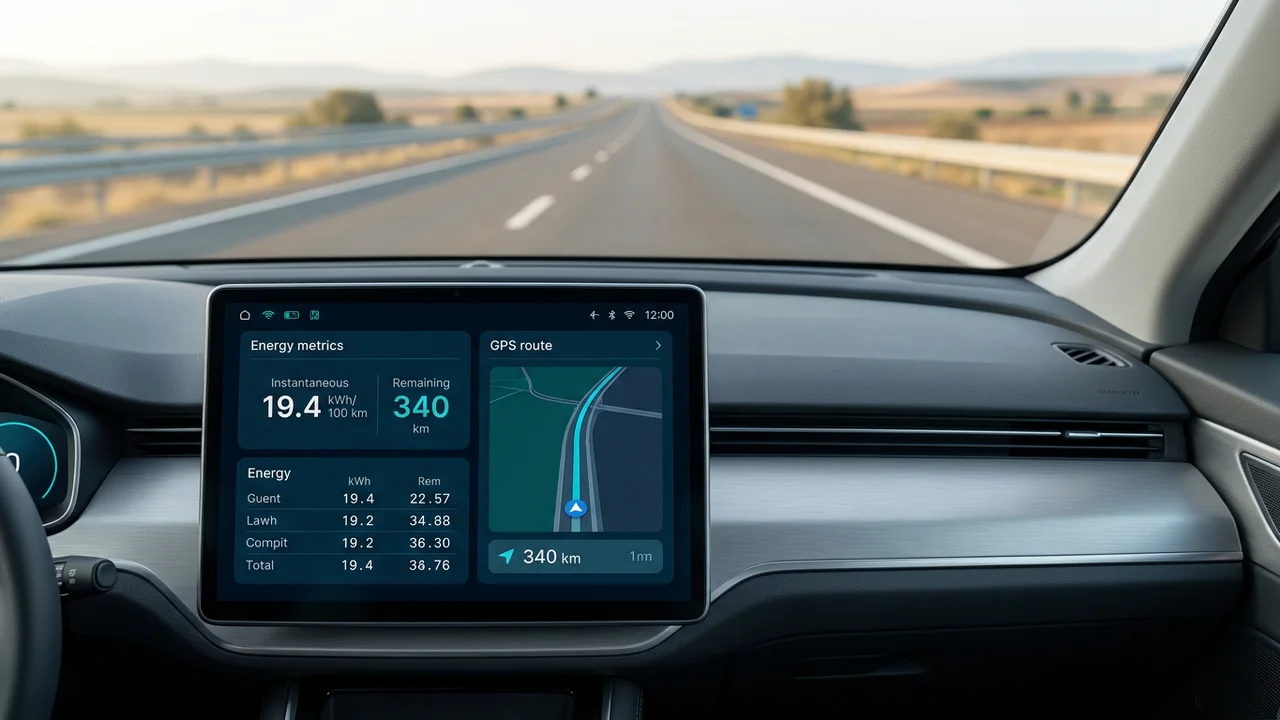 Pantalla digital de coche eléctrico mostrando un consumo medio de carretera en una autovía despejada.