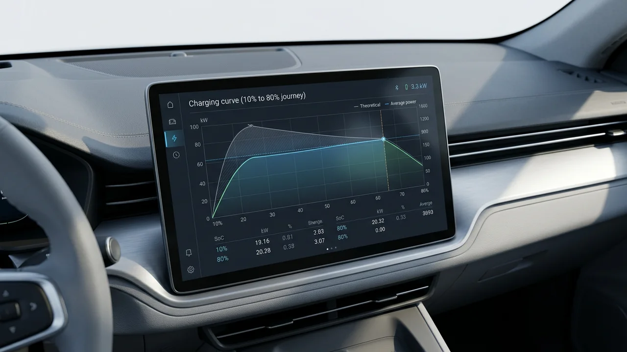 Pantalla digital de coche eléctrico mostrando la curva de potencia de carga entre el 10% y el 80%.