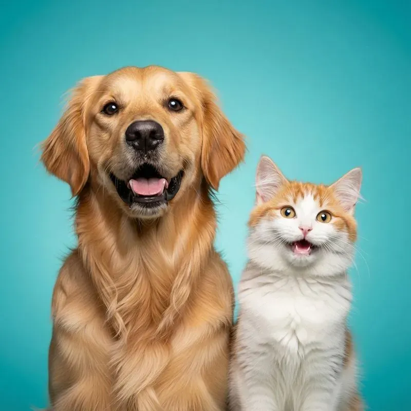 Perro golden retriever y gato tabby