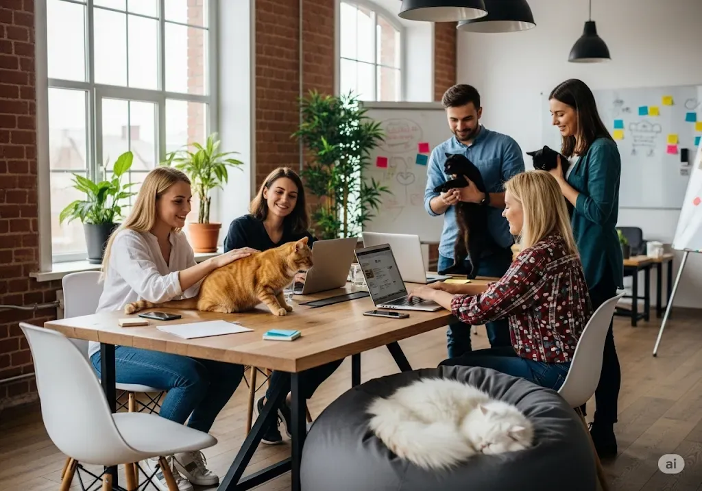 Equipo trabajando con gatos