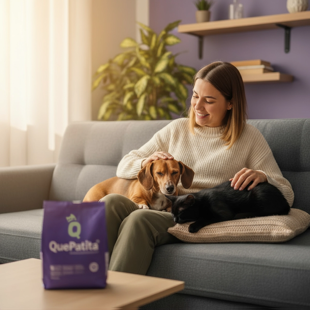 Persona feliz con su perro y gato en un sofá