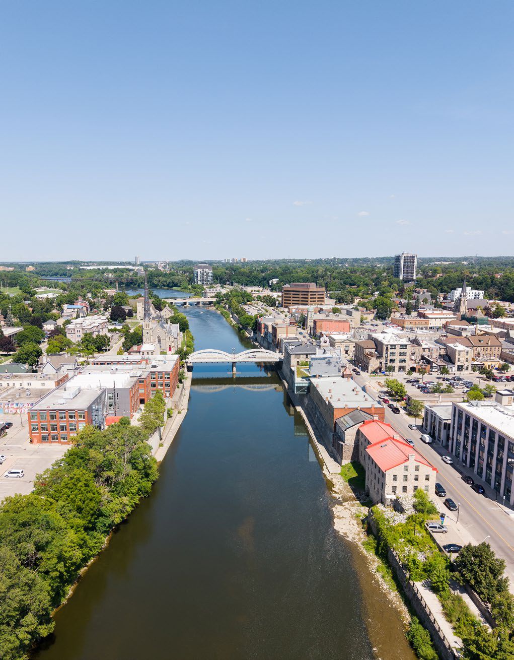 Aerial view of the Grand River through downtown Cambridge