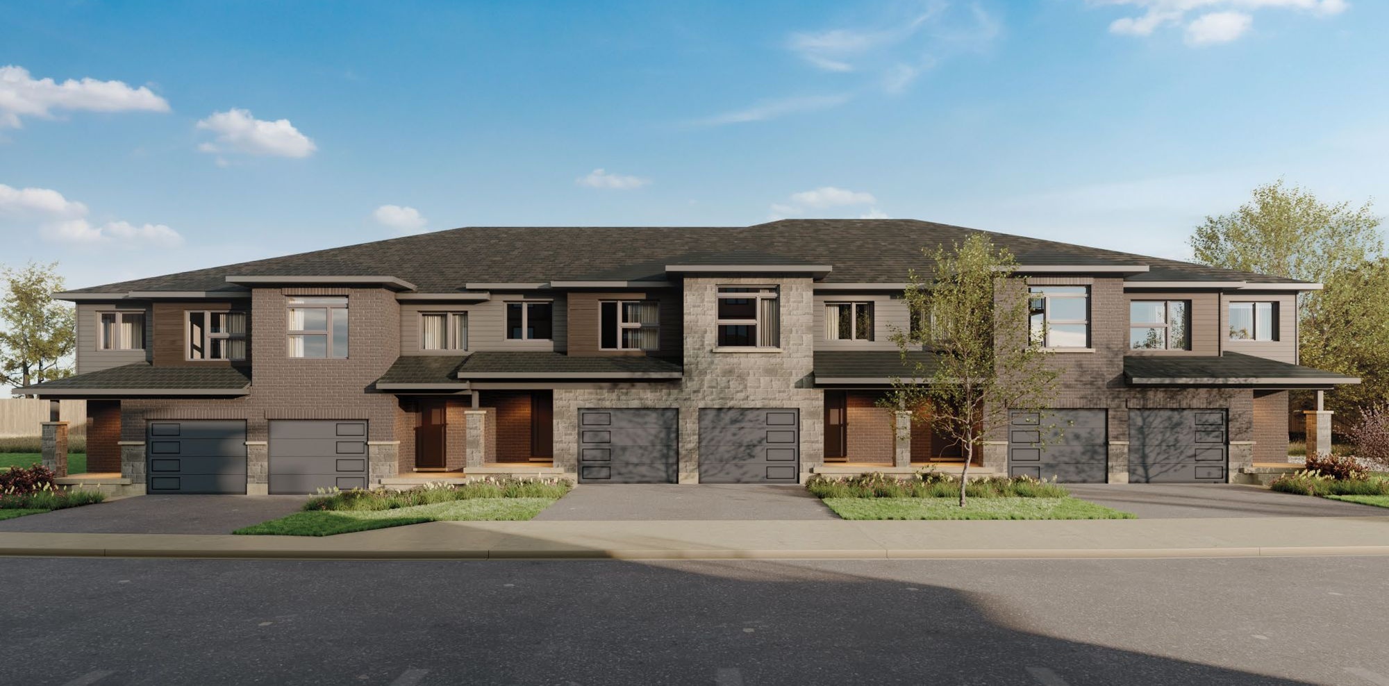 Rendering of Block D: a row of six two-storey brick and stone condo townhomes with single-car garages