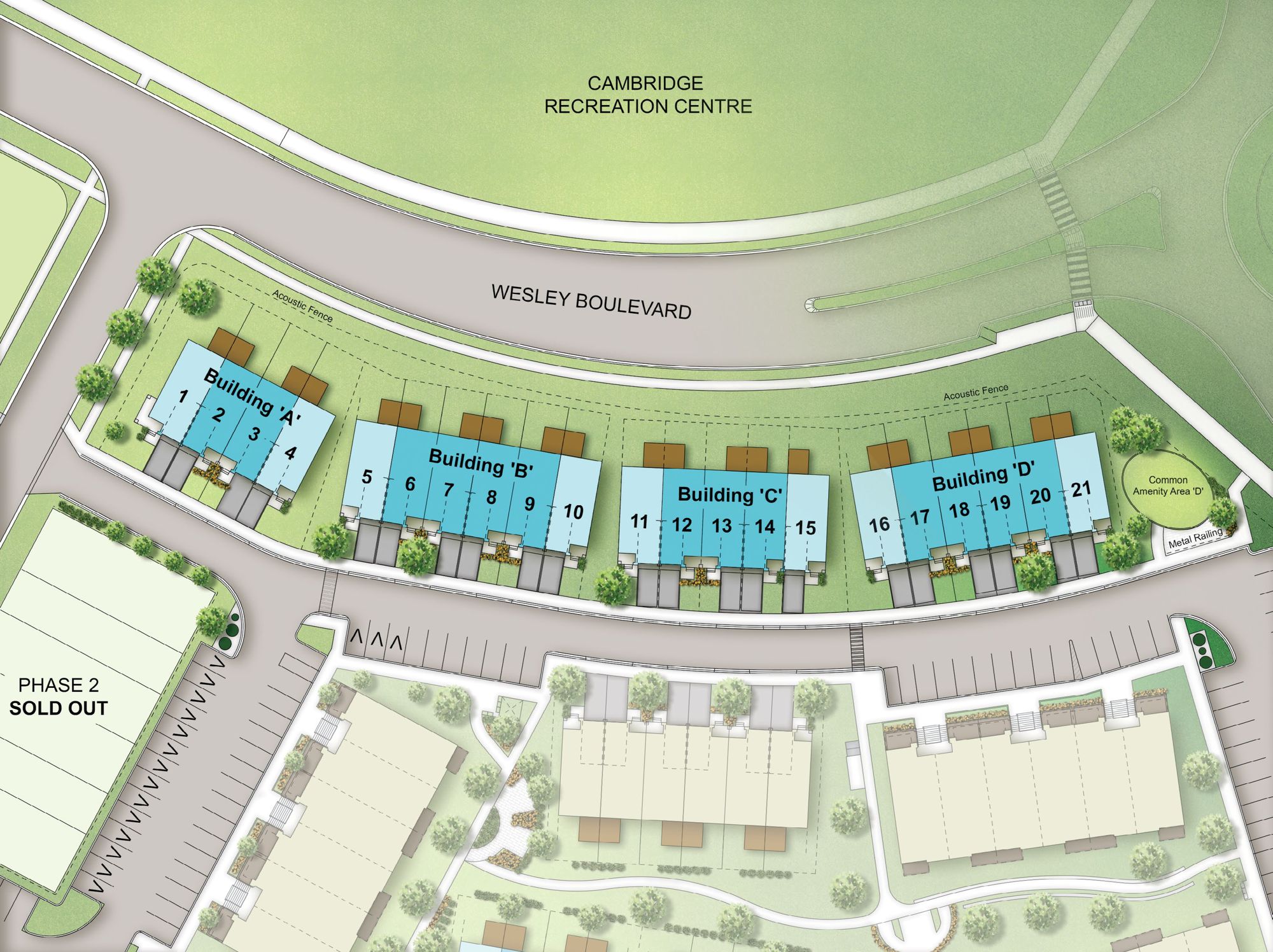 Phase 3 initial release site plan showing Buildings A to D, units 1 to 21, along Wesley Boulevard