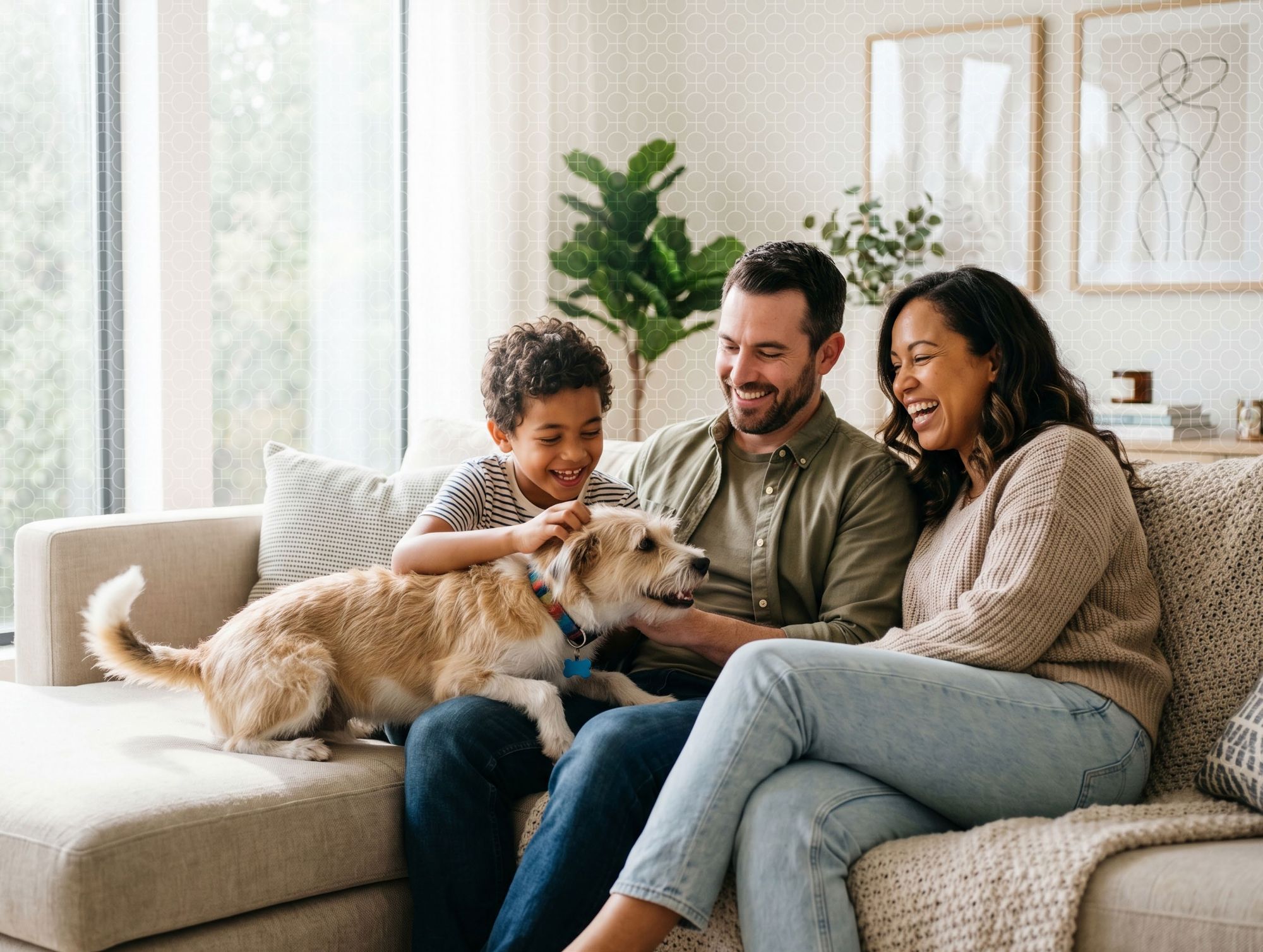Family laughing with their dog on the living room sofa