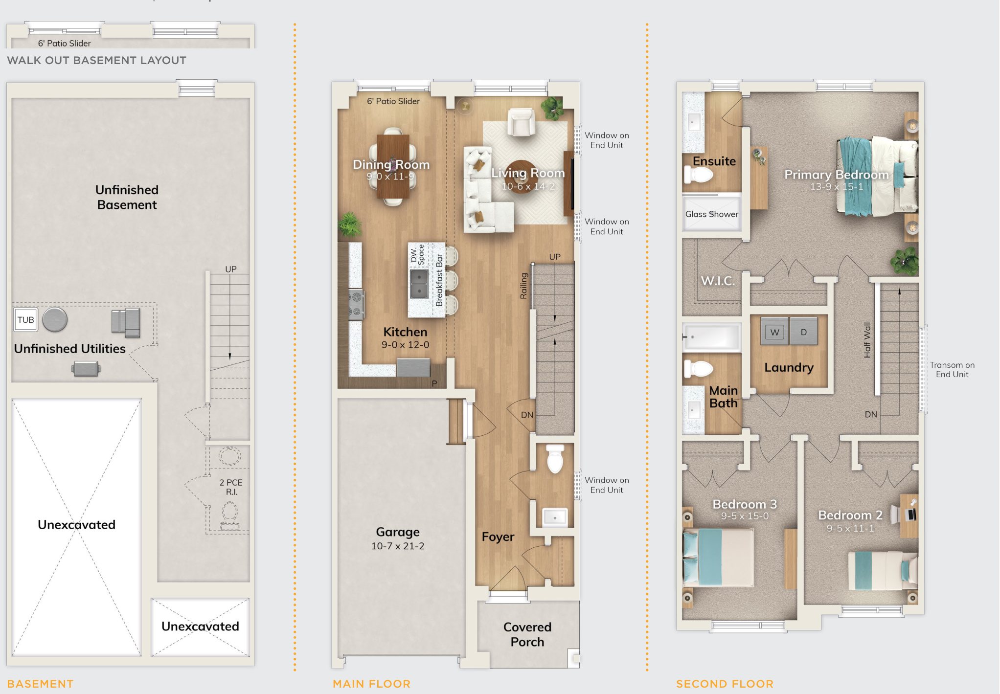 Meridian B floor plans: basement, main floor and second floor