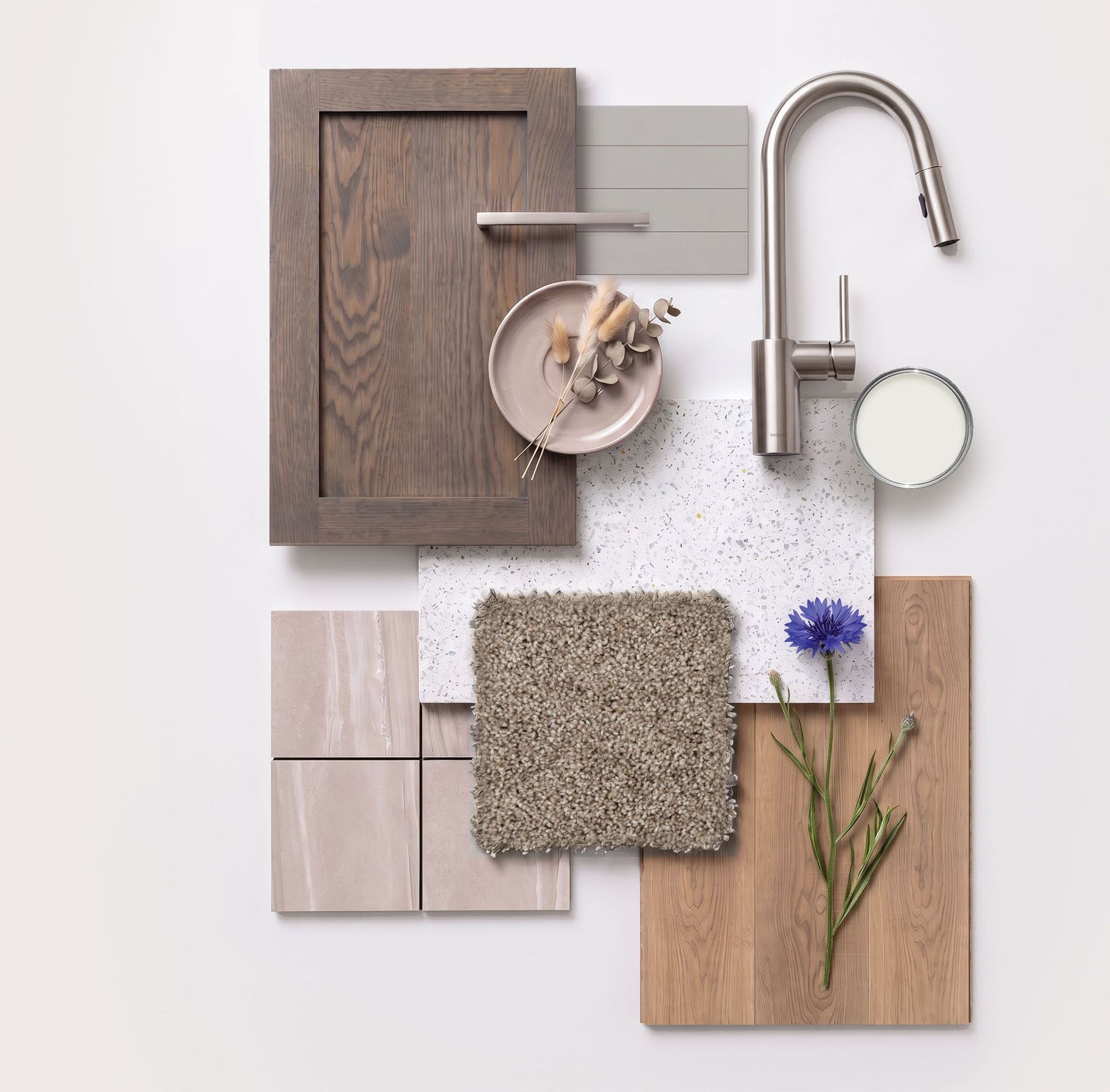 Golden Hour finishes: rich oak cabinetry, speckled quartz, blush tile and warm wood vinyl flooring