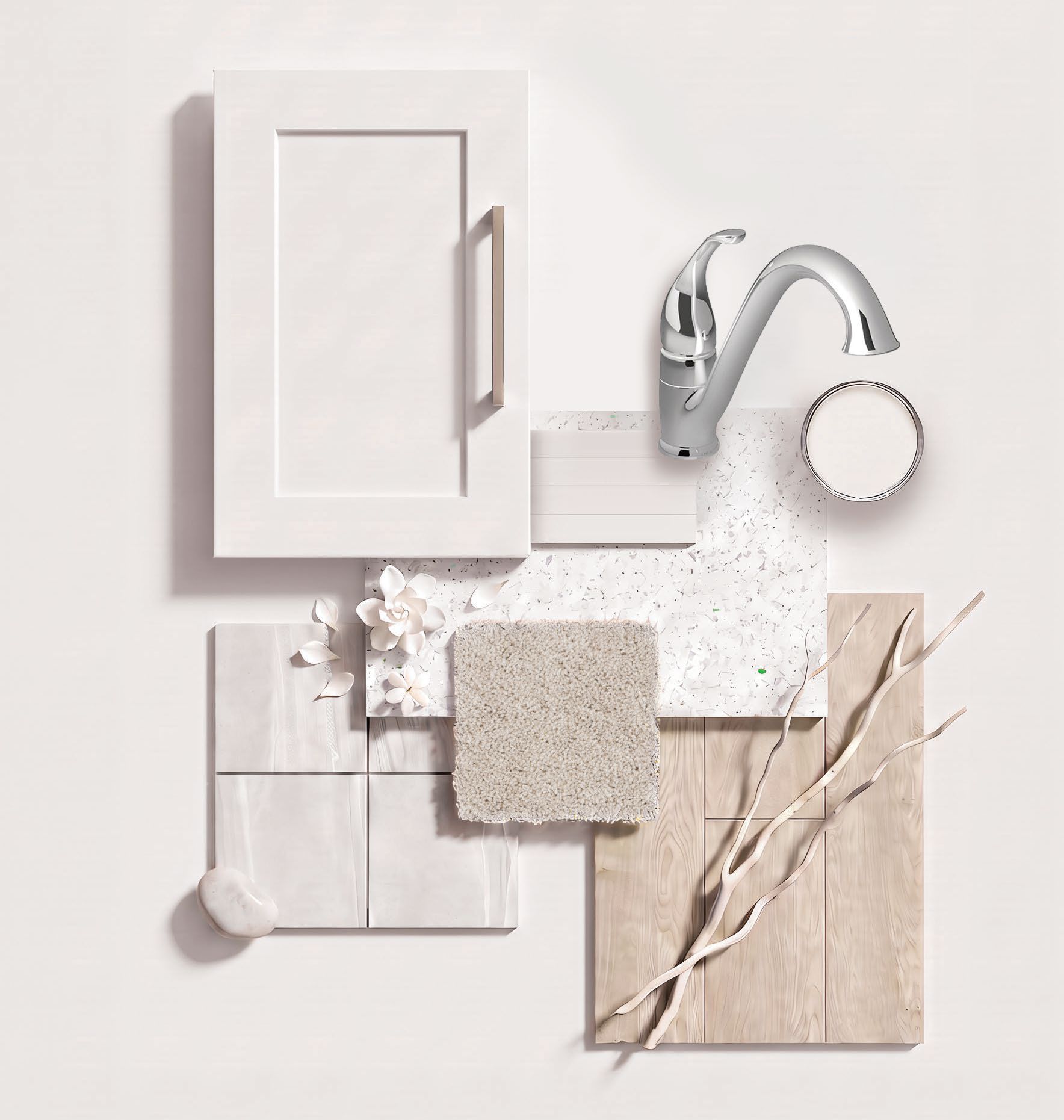 Daybreak finishes: white shaker cabinetry, light quartz, pale tile and light oak vinyl flooring