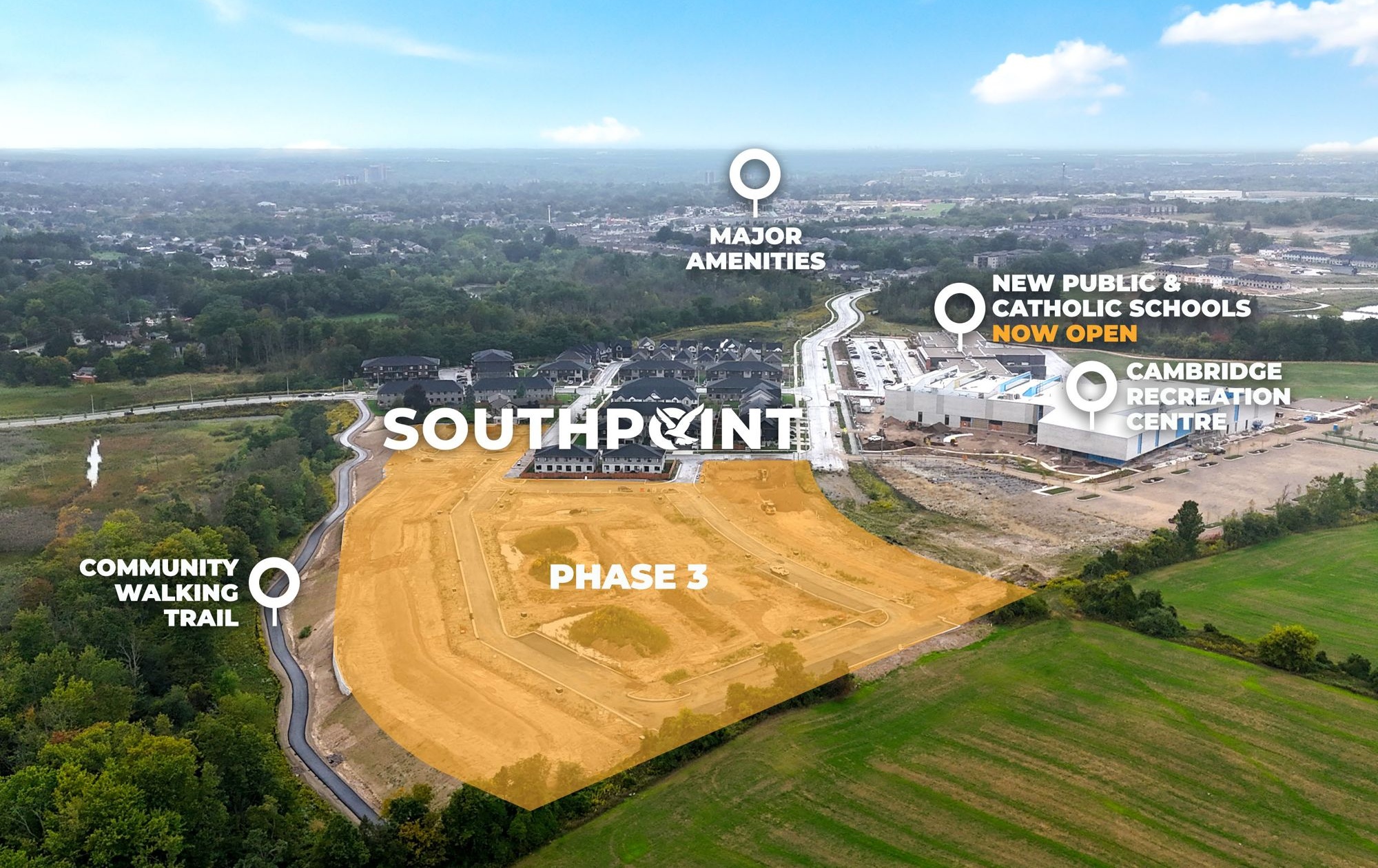 Aerial photo showing the Southpoint Phase 3 lands, the community walking trail, the new schools, Cambridge Recreation Complex and nearby major amenities
