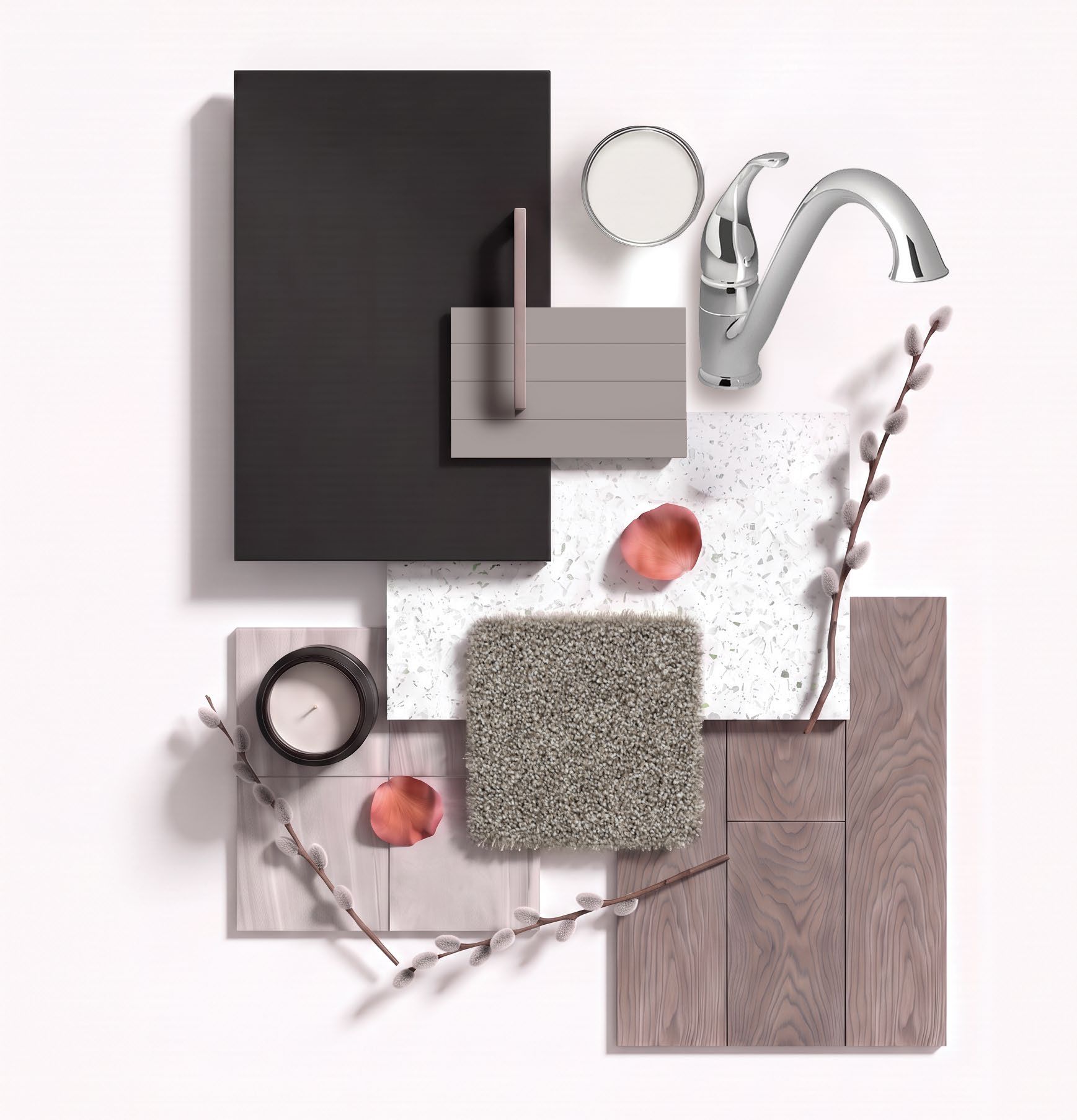 Midnights finishes: ebony cabinetry, white quartz, soft grey tile and walnut-tone vinyl flooring