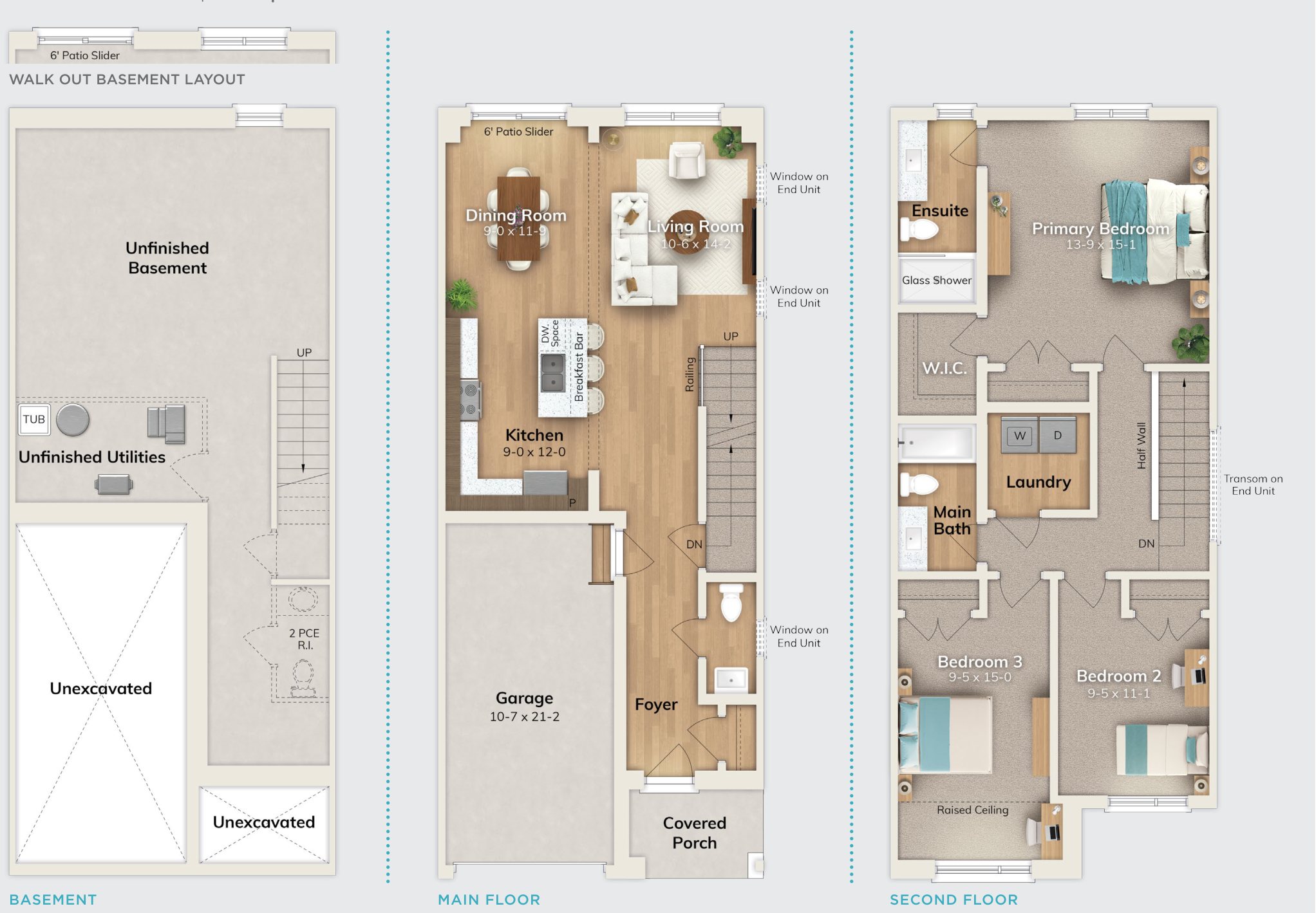 Meridian A floor plans: basement, main floor and second floor