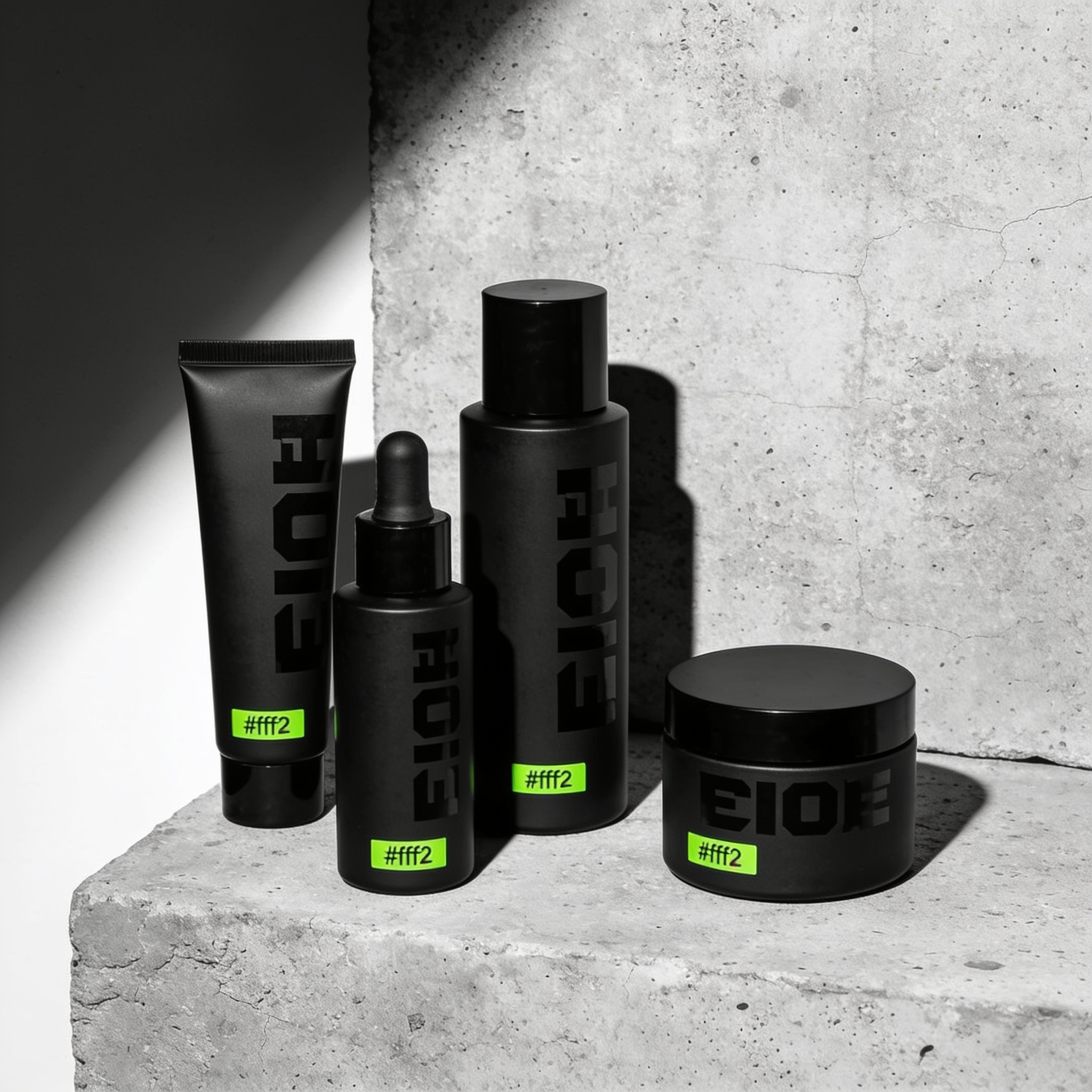 Matte black minimalist skincare bottles with volt labels