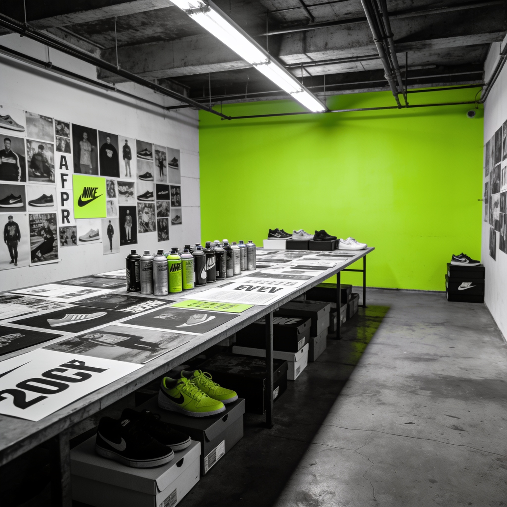 A gritty creative studio with a volt-green accent wall