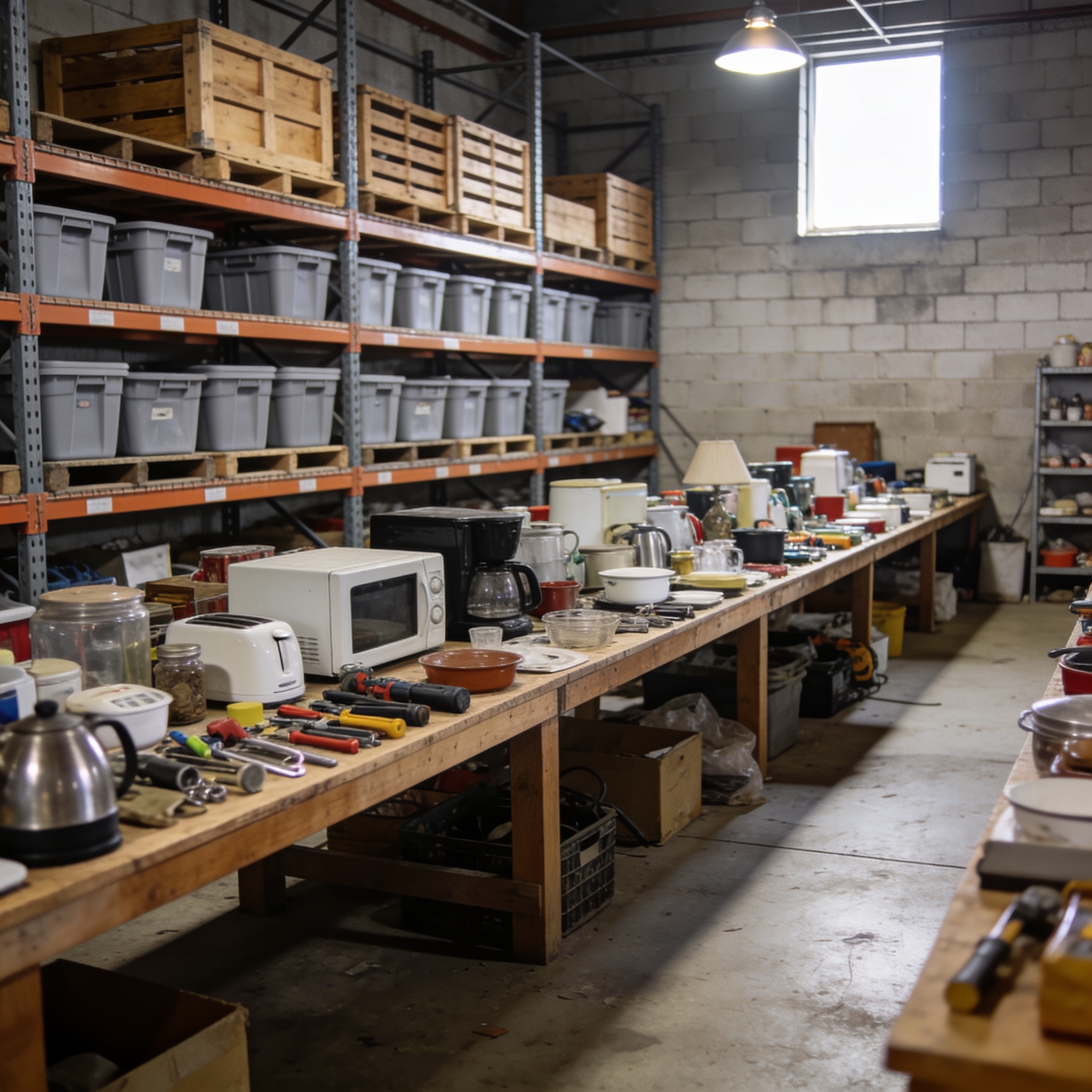 Long wooden tables of assorted small appliances, kitchenware and tools laid out in a warehouse, with grey totes and wooden crates on pallet racking behind