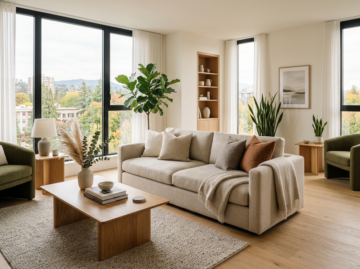 A bright, well-kept living room in a Northern-managed rental