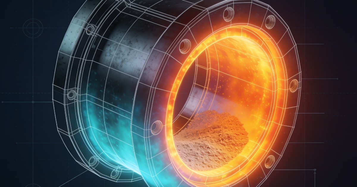 Concept render of a biaxially rotating mould with a thermal heatmap: molten orange on the hot side with powder pooled inside, cooling to cyan on the other.