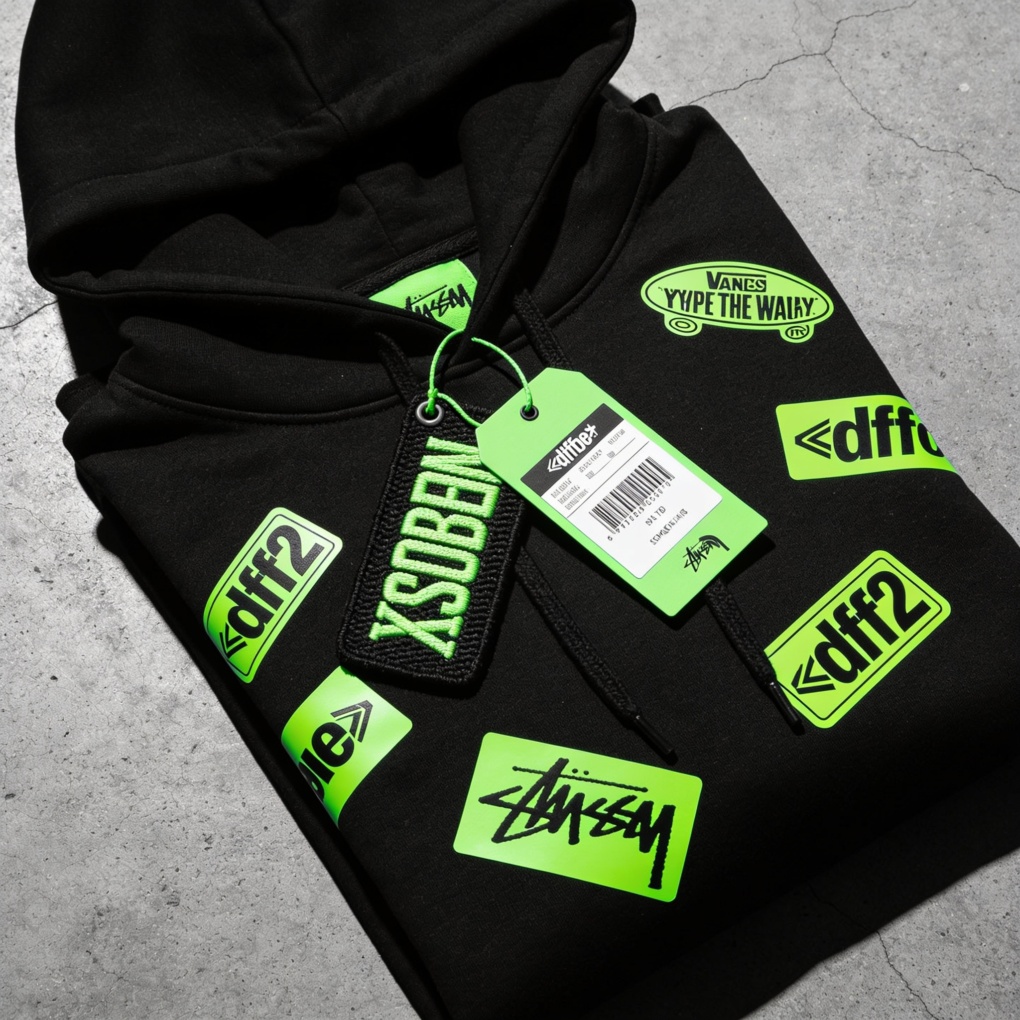Folded black streetwear hoodie with volt-green hang tags