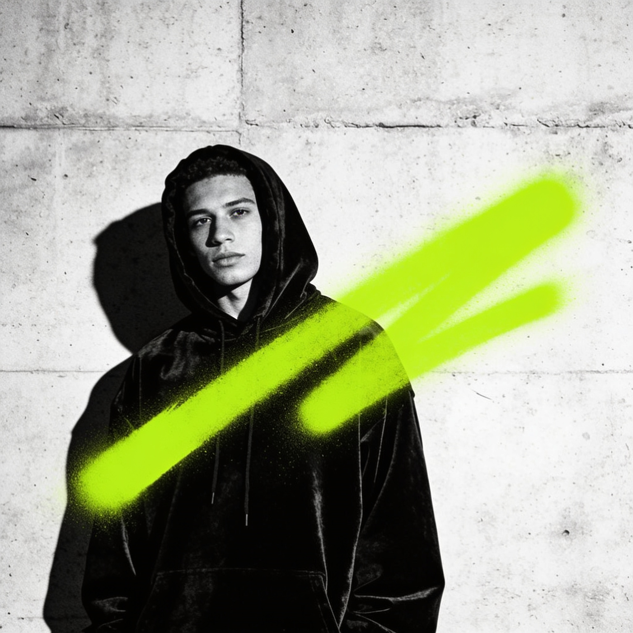 A model in an oversized black hoodie against a concrete wall with an acid-green accent