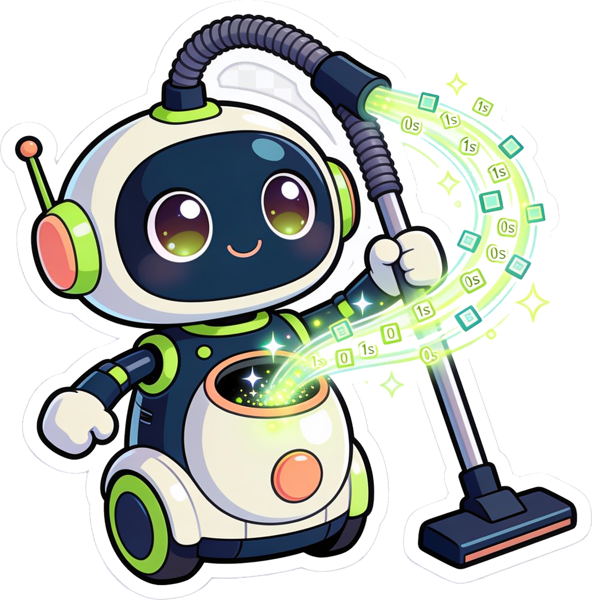 Sucky the robot vacuum slurping up a stream of glowing data bits