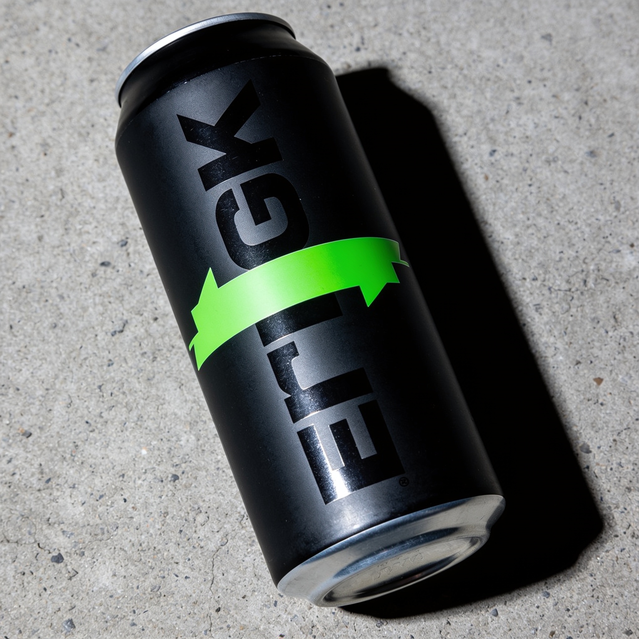 Matte black energy drink can with volt-green graphics on concrete