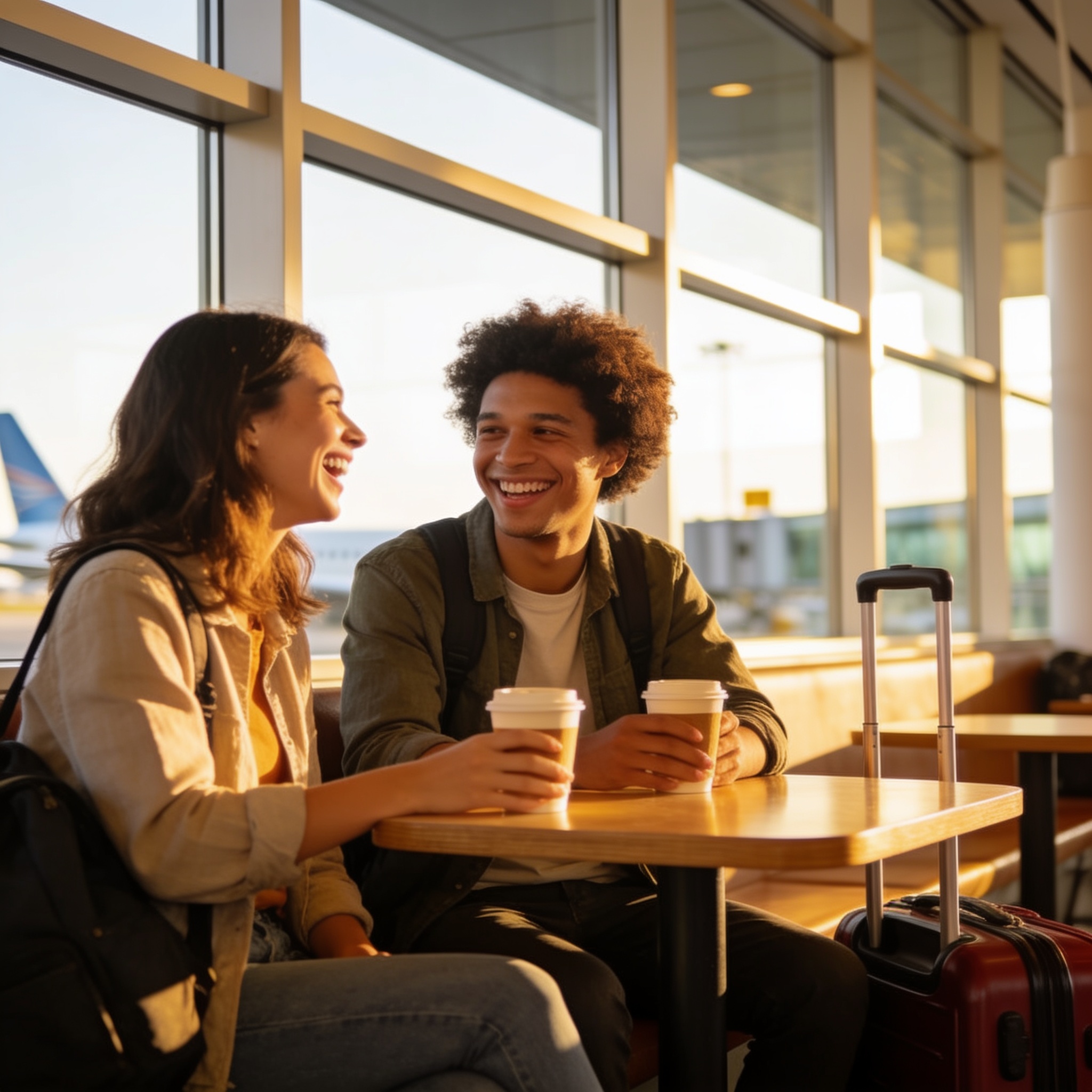 Two travellers laughing over coffee at an airport cafe table