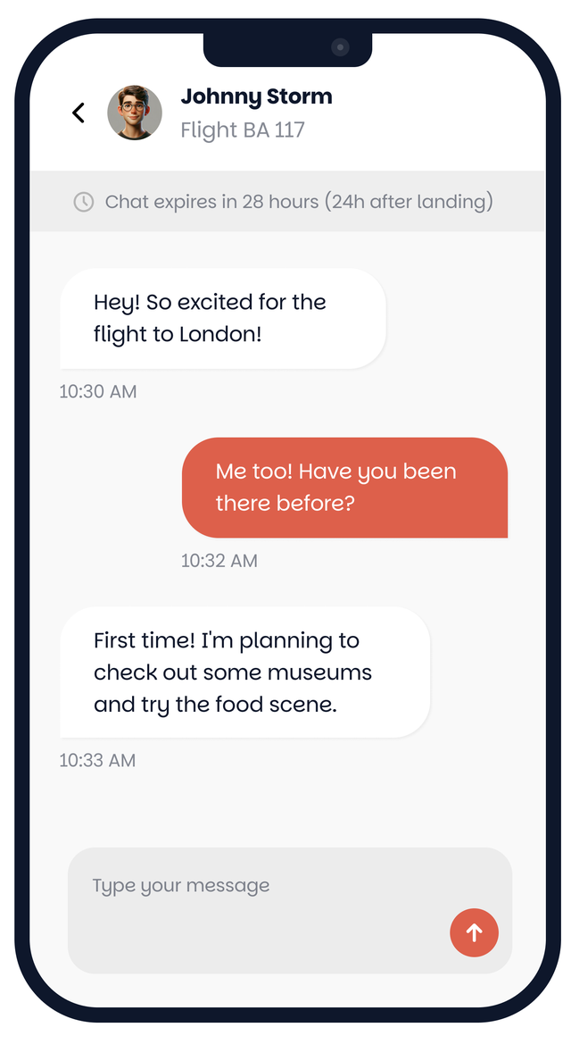 The Fepu app showing a chat between two travellers with an expiry notice