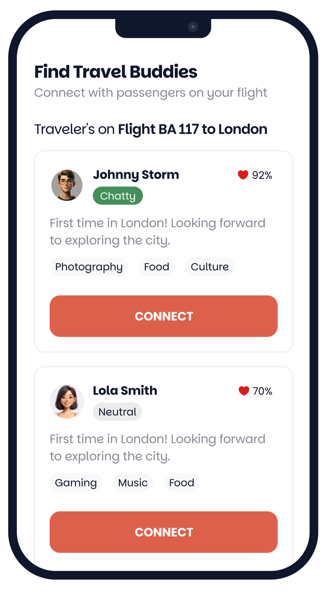 The Fepu app showing matched passengers on a flight with their interests and match scores