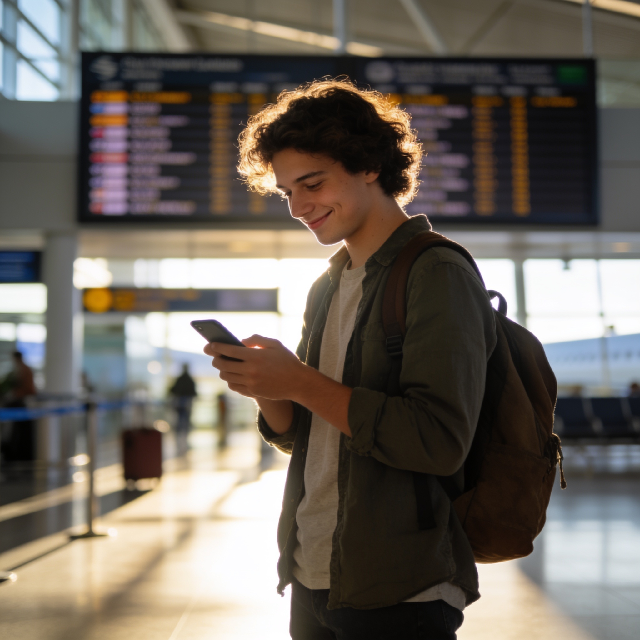 A solo traveller checking their phone in a sunlit airport terminal