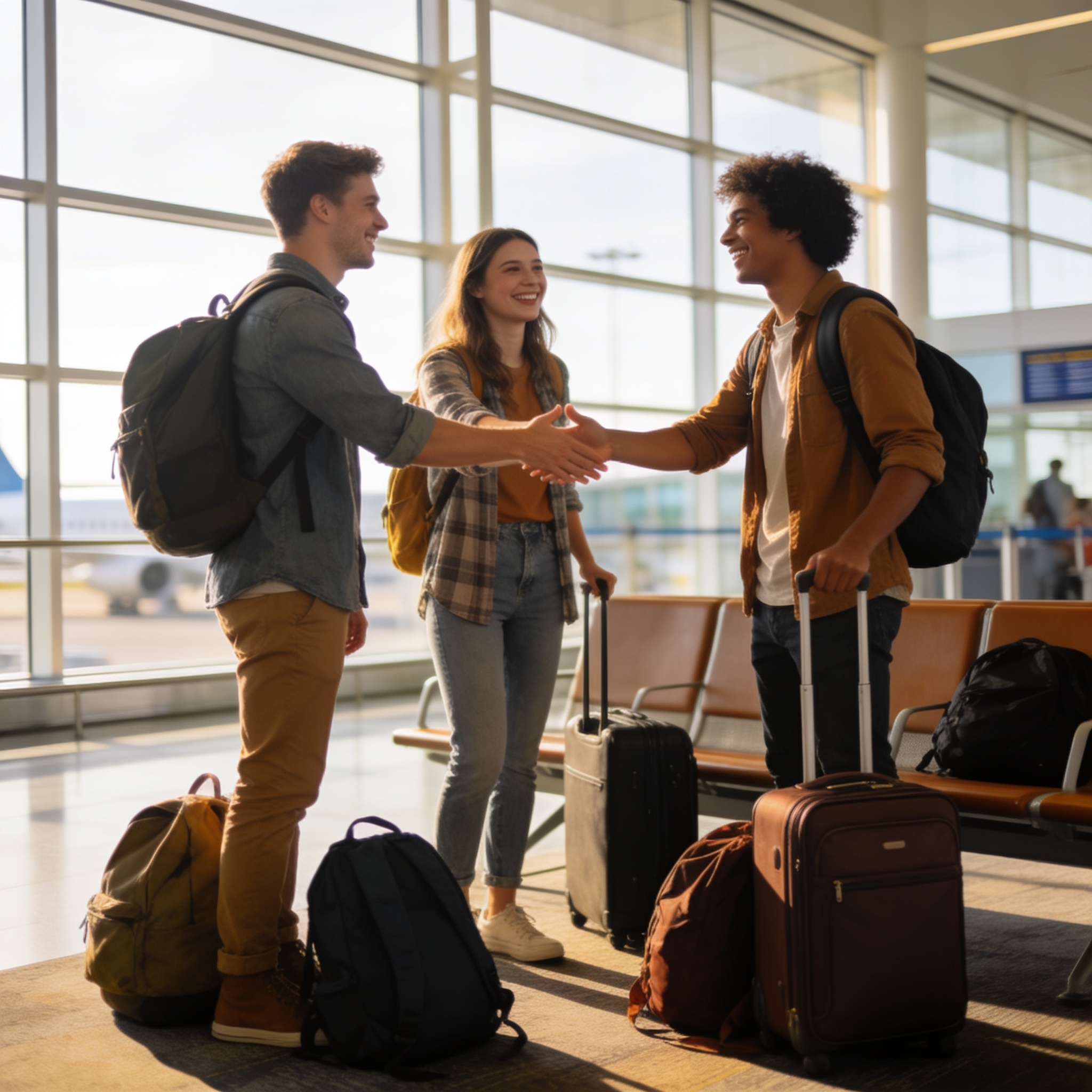 Three travellers meeting for the first time in an airport departure lounge