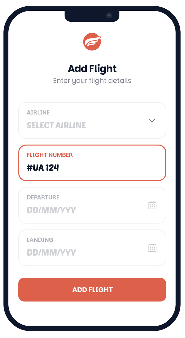 The Fepu app showing the Add Flight form with airline, flight number and travel dates